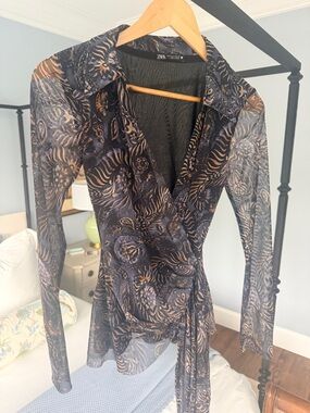 Zara Sheer Wrap Blouse in Black, Purple and Brown Print